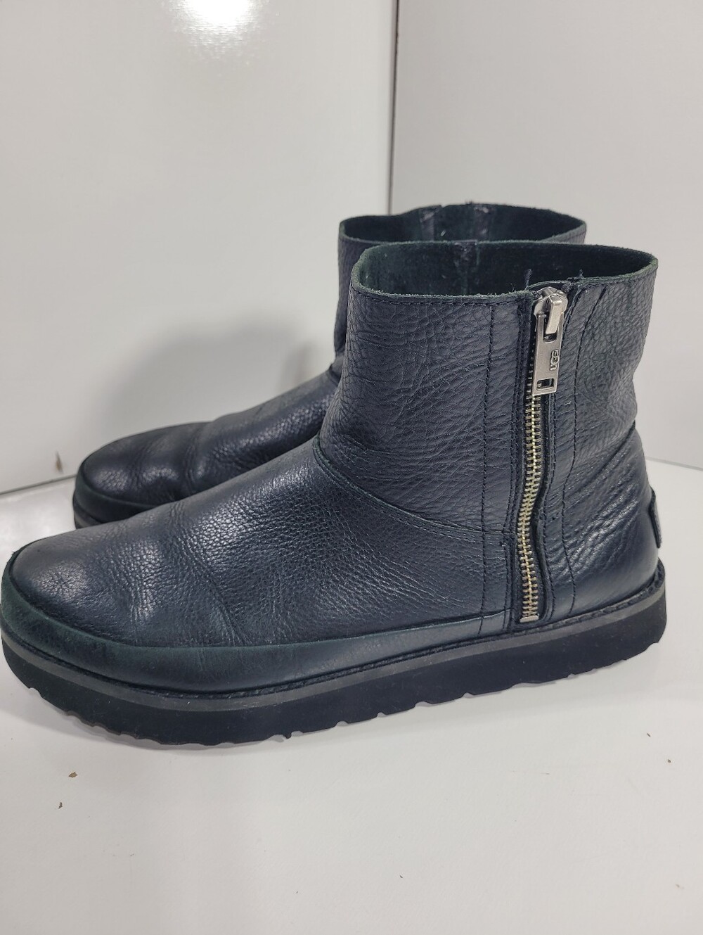 UGG Deconstructed Mini Zip Black Leather Boots Womens Size 10 Ankle Booties